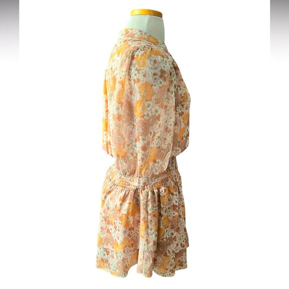 AQUA Floral Print Smocked Dress Beige/Tan/yellow V Neck Tiered Ruffle Size L - Picture 4 of 6